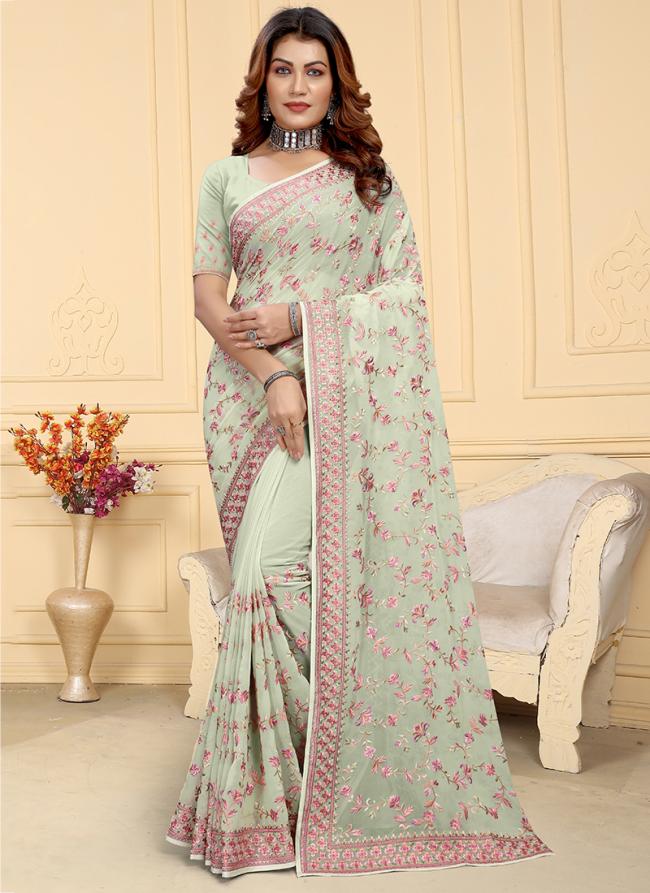 Georgette Dusty Pista Traditional Wear Embroidery Work Saree
